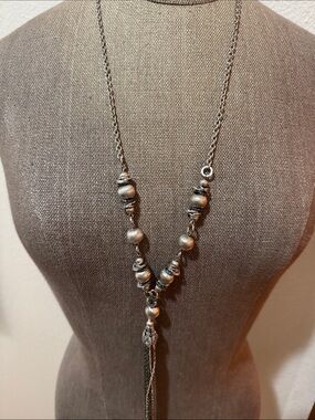 Vintage Textured Silver Bead Tassel Necklace - Women Jewelry